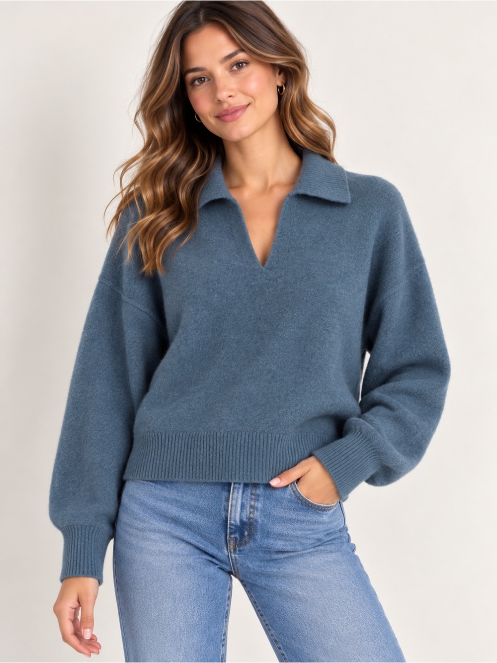 Free People Dusky Blue Collared V-Neck Sweater